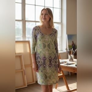 Jean-Pierre Klifa Paris Green Multi Colored 3/4 Sleeve Form Fitting Dress SZ M